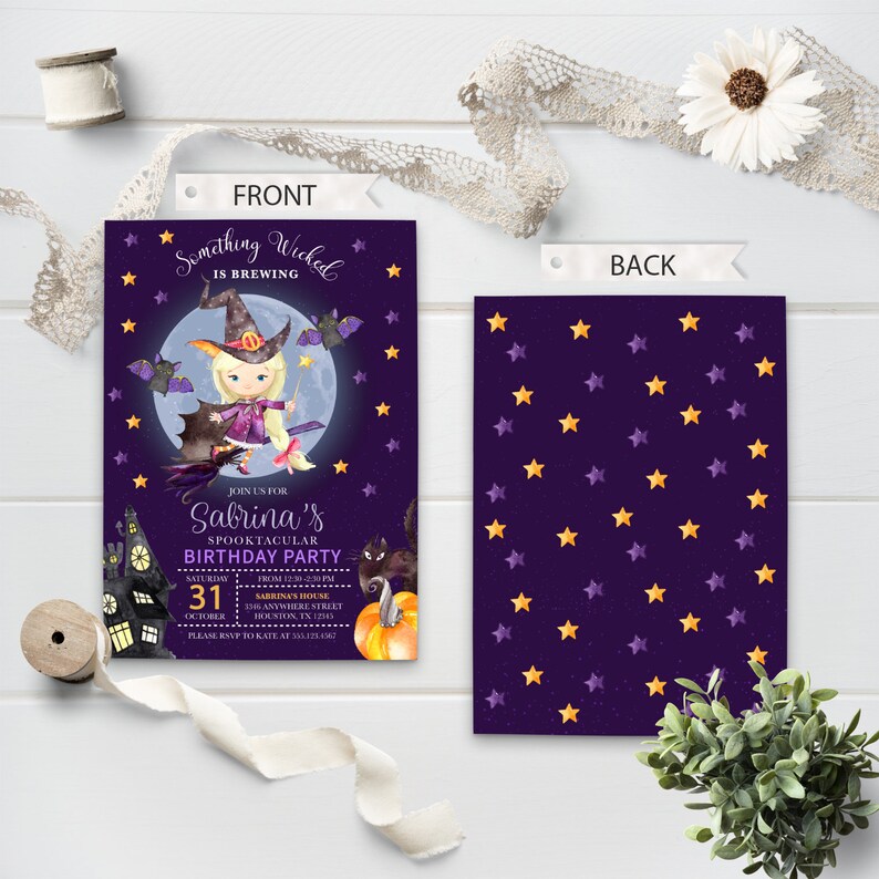 May include: Purple invitation with gold stars for a birthday party. The front features a cartoon witch flying on a broomstick with bats and a pumpkin. The text reads "Something Wicked is Brewing, Join us for Sabrina's Spooktacular Birthday Party, Saturday October 31, Time 12:30-2:30 PM, Sabrina's House, 126 Anywhere Street, Houston, TX 12345, Please RSVP to Kate at 123-456-7890".