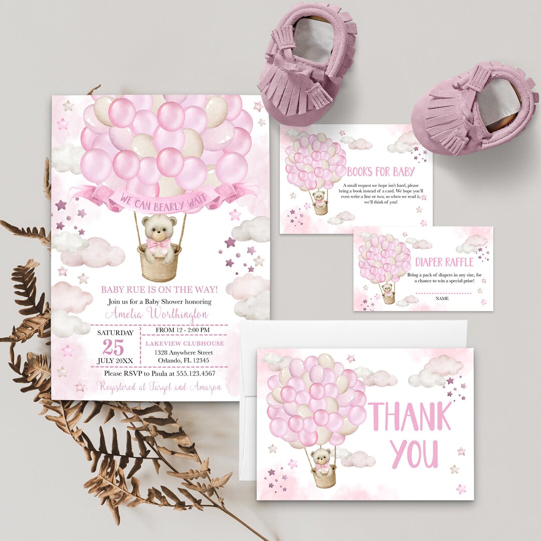 Teddy Bear Baby Shower Invitation Bundle: Pink Balloons (editable ...