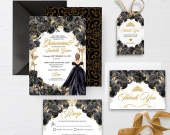 May include: Black and gold Quinceañera invitation suite featuring a black and white illustration of a woman in a gown. The invitation includes an RSVP card and a thank you card. The text on the invitation reads "Quinceañera of their daughter Isabella Grace".