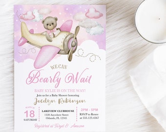 Pink Teddy Bear Airplane Baby Shower Invitation (Editable Template) Digital