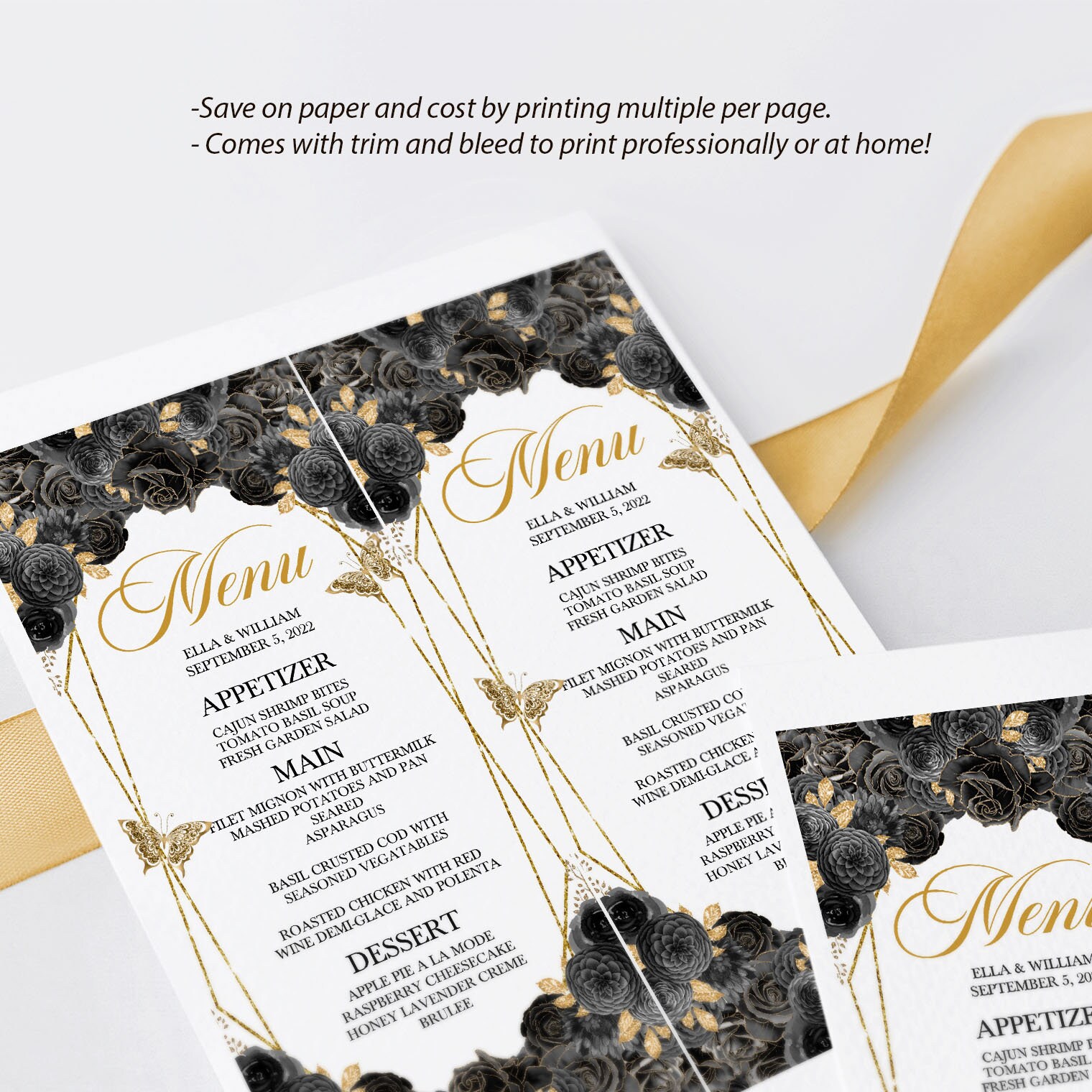 EDITABLE Menu Template Elegant Black and Gold Floral - Etsy