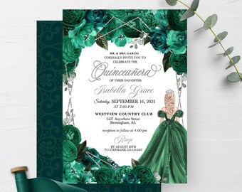 Pode incluir: Um convite de Quinceañera verde e prateado com um design floral e um desenho de uma menina com um vestido verde. O texto diz "Quinceañera" e "Isabella Grace". A data é 16 de setembro de 2021 e a hora é 2:00 PM. O local é Westview Country Club, 5437 Anywhere Street, Birmingham, AL. A recepção é às 4:00 PM. RSVP até 20 de agosto para Stephanie no 555-123-4567.