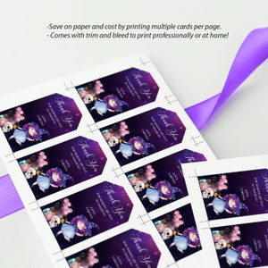 May include: A sheet of printable thank you tags featuring a cartoon witch with purple hair and a blue dress. The tags have a galaxy background with stars and a pink cloud. The text on the tags reads "Thank You for making my day so magical. Love, Tabitha."