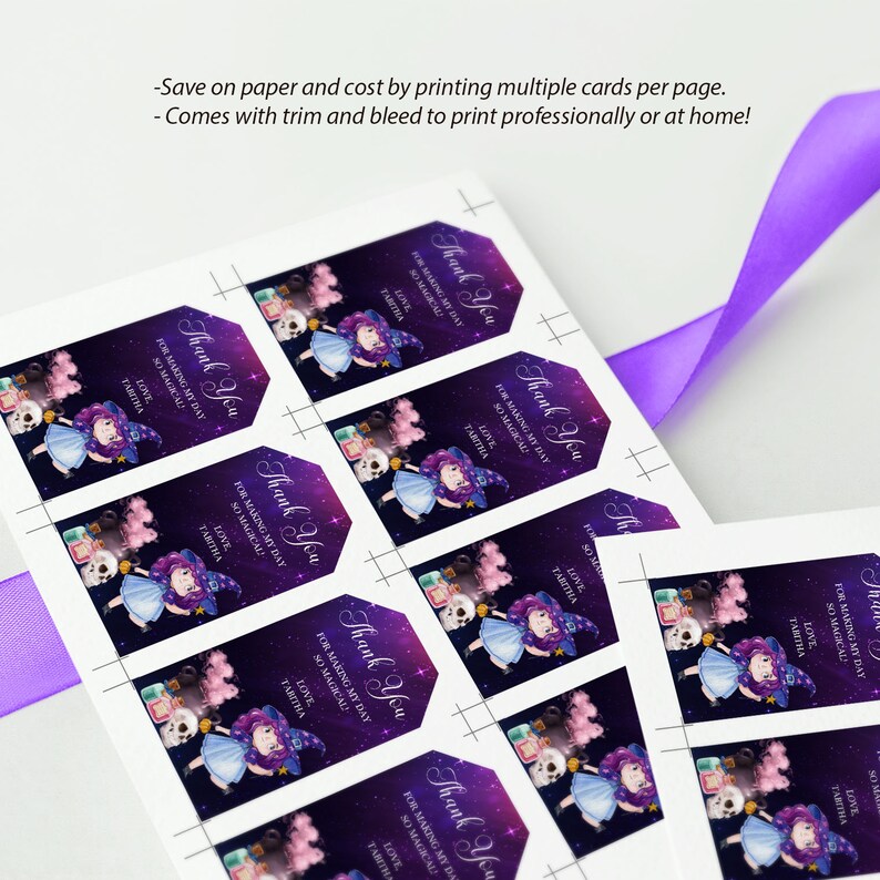 May include: A sheet of printable thank you tags featuring a cartoon witch with purple hair and a blue dress. The tags have a galaxy background with stars and a pink cloud. The text on the tags reads "Thank You for making my day so magical. Love, Tabitha."