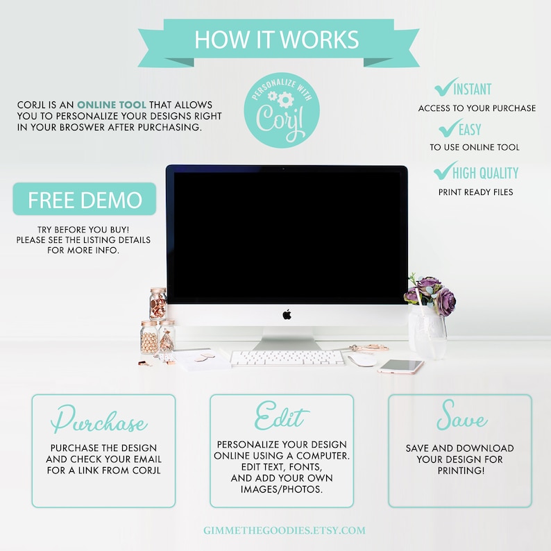 May include: A graphic showing how to use the online design tool, Corjl. The graphic shows a computer screen, a free demo button, and three steps: purchase, edit, and save. The text "PERSONALIZE WITH Coryl" is in a circle with gears.