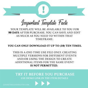 May include: A teal blue banner with an exclamation point in a white circle. The text reads "Important Template Facts" and includes information about the template's availability, download limits, and usage restrictions. The text also includes the website "gimmethegoodies.etsy.com" and three arrows pointing to the right.