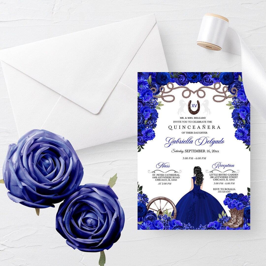 EDITABLE Invitation, Royal Blue Western Ranchero Quinceanera Invitation