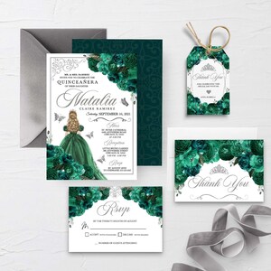 EDITABLE Invitation, Emerald Green & Silver Floral Quinceanera Invitation Bundle, Mis Quince Anos, Birthday, Printable, Template, Corjl