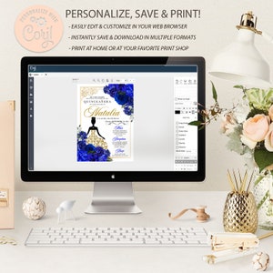 May include: A computer screen displaying a digital invitation for a Quincea&ntilde;era. The invitation features a silhouette of a woman in a gold dress with blue flowers and gold accents. The text on the invitation reads "Quincea&ntilde;era Natalia Claire Ramirez".