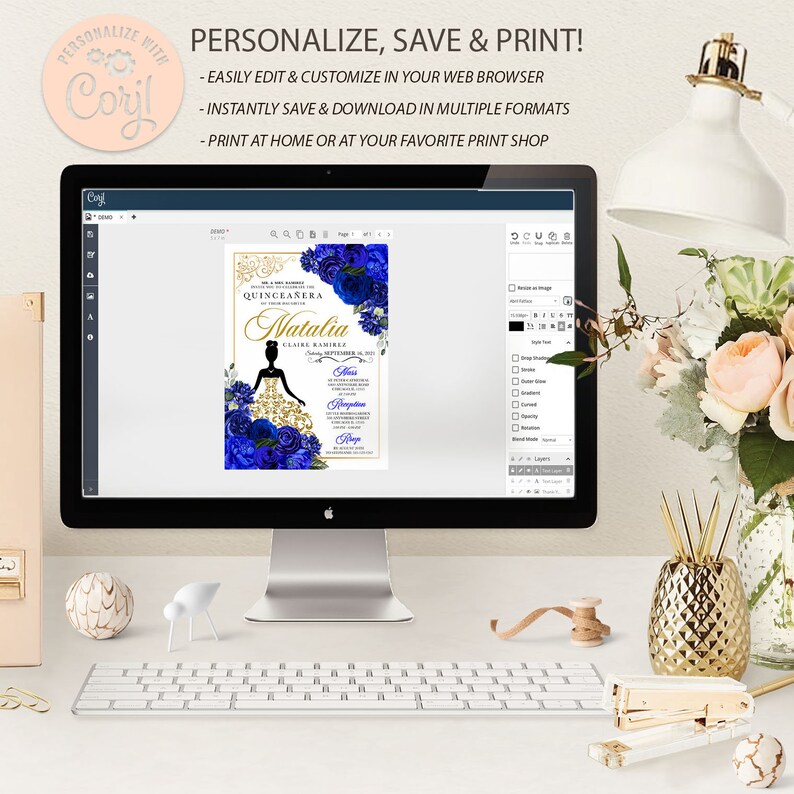 May include: A computer screen displaying a digital invitation for a Quincea&ntilde;era. The invitation features a silhouette of a woman in a gold dress with blue flowers and gold accents. The text on the invitation reads "Quincea&ntilde;era Natalia Claire Ramirez".