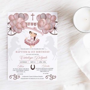 EDITABLE Invitation, Rose Gold Baby Charra Baptism Birthday Invitation, Mexican, Fiesta, Bautizo, Printable, Template, Corjl