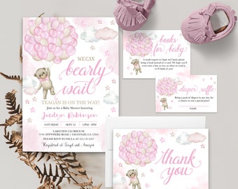 May include: Pink and white baby shower invitation with a teddy bear holding balloons. The invitation says "We can bearly wait" and includes the text "Teagan is on the way!"  Join us for a Baby Shower honoring Jordyn Robinson. Saturday, Sept 25, 12PM-3PM. Lakeview Clubhouse, 5144 Anywhere Road, Savannah, GA 12345. Please RSVP to Paula at 335.123.4567. Registered at Target and Amazon.