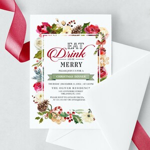 Editable Christmas Dinner Invitation: Floral Holiday Party (Corjl Template)