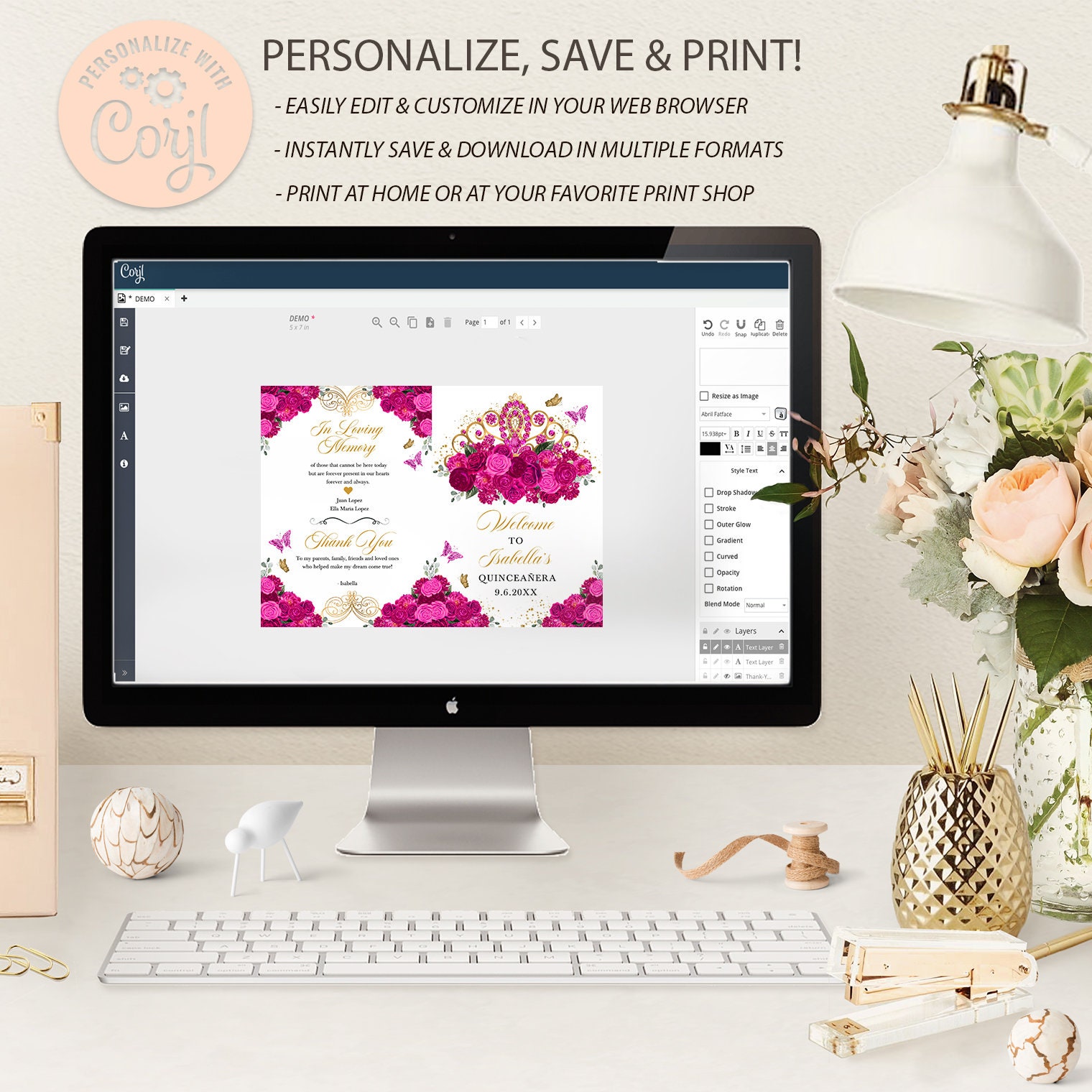 Fuchsia Floral Quinceanera Program Template: Editable Bi-fold (5x7 ...
