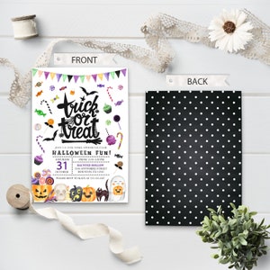 May include: A white invitation with a black and white illustration of candy and the words "trick or treat". The invitation is for a Halloween party on October 31st from 12:30 to 2:30 PM at Haunted Hollow, 3H6 Anywhere Street, Houston, TX 12741. Please RSVP to Kate at 5351234567.