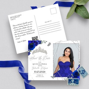 EDITIERBARE Einladung, Royal Blau & Silber Floral Quinceanera Save The Date Foto Postkarte, Geburtstag, Mis Quince, printable, Vorlage, Corjl