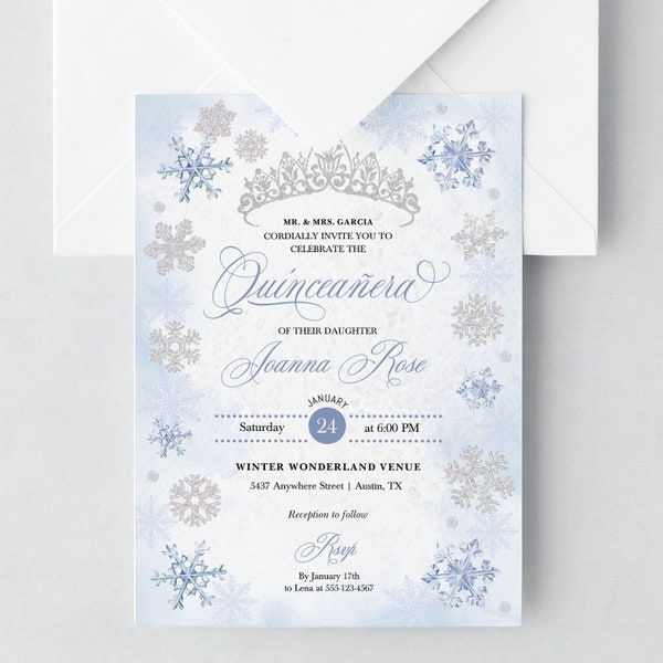 EDITABLE Invitation, Blue Winter Wonderland Snowflake Quinceanera Invitation, Birthday Invite, Mis Quince, Printable, Template, Corjl