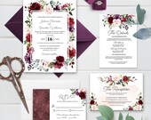 Burgundy Floral Wedding Invitation Bundle: Editable Watercolor Invite (Corjl)