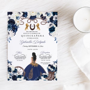 Navy Quinceanera Invitations, Gold and Blue Glitter Quinceanera Invitations,  Navy Blue Quinceanera Invitations, Printable Quince Invitations 