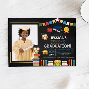 May include: A black chalkboard style graduation invitation for Jessica's Pre-K graduation. The invitation features a photo of Jessica in a graduation cap and gown, along with a school bus, books, pencils, and owls. The invitation includes the date, time, and location of the graduation ceremony. It also invites guests to join for lunch, cake, and play after the ceremony.