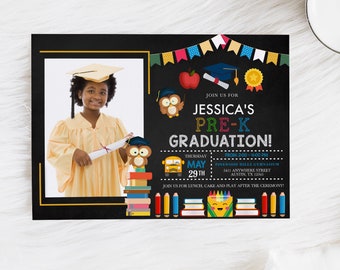 May include: A black chalkboard style graduation invitation for Jessica's Pre-K graduation. The invitation features a photo of Jessica in a graduation cap and gown, along with a school bus, books, pencils, and owls. The invitation includes the date, time, and location of the graduation ceremony. It also invites guests to join for lunch, cake, and play after the ceremony.