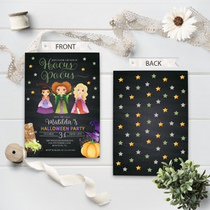 May include: A black and white invitation card with a chalkboard background. The front of the card features a cartoon illustration of the Sanderson sisters from the movie Hocus Pocus. The text on the front of the card reads "Join us for a bunch of Hocus Pocus at Matilda's Halloween Party". The back of the card is decorated with a pattern of gold, green, and silver stars.