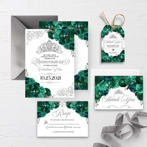 EDITABLE Invitation, Emerald Green & Silver Floral Quinceanera Invitation Bundle, Mis Quince Anos, Birthday, Printable, Template, Corjl