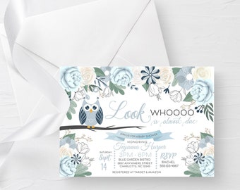 May include: A baby shower invitation with a blue and white owl illustration and floral border. The text reads "Look WHOOOO is almost due" and includes the date, time, and location of the event. RSVP information is also included.
