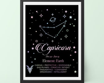 Real Foil Print, Holographic Zodiac Art Print, Capricorn, Constellation Art, Wall Art, Gold Foil, Typography Print, Home Decor