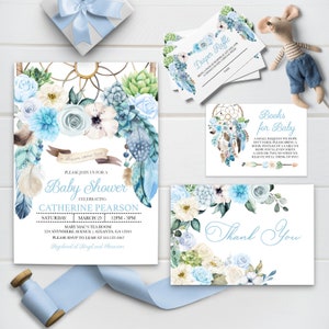EDITABLE Invitation, Blue Boho Dreamcatcher Baby Shower Invitation, Bundle, Printable Invitation Template, Baby Shower Invite, Corjl