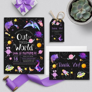 Dinosaur Outer Space Birthday Invitation Bundle (Editable Template)