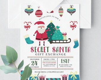 EDITABLE Invitation, Secret Santa Gift Exchange Party Invitation, Holiday Party, Christmas Party, Printable, Template, Corjl