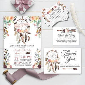 EDITABLE Invitation, Boho Baby Shower Invitation, Bundle, Dreamcatcher Baby Shower Invite, Printable Baby Shower Invitation Template, Corjl