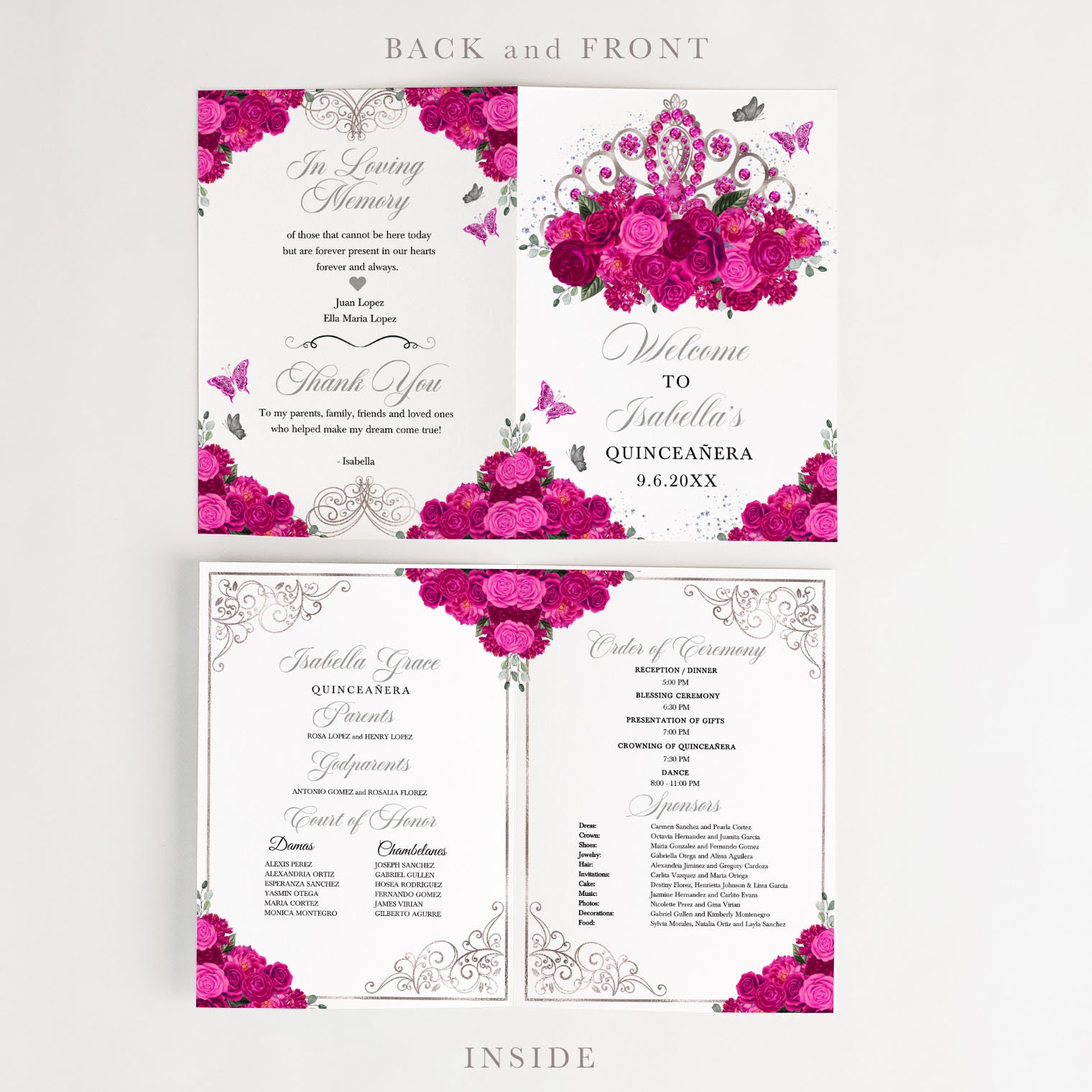 Fuchsia Pink Quinceanera Program Template: Silver Tiara, Editable 5x7 ...