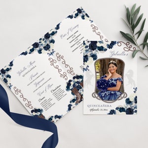 May include: A blue and white floral design with a photo of a young woman in a blue dress. The text "Gabriella's Quinceañera September 25, 20xx" is at the bottom of the card.