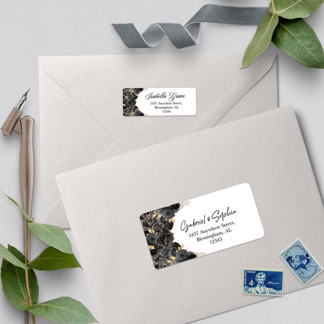 Pearlized Address Label Elegant Black and Gold Floral Address Labels - Editable Template - Etsy
