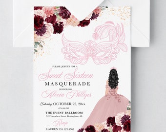 May include: A pink and white Sweet Sixteen masquerade invitation with a floral design. The invitation features a pink masquerade mask, a girl in a pink dress, and the text "Sweet Sixteen Masquerade" and "Alecia Phillips".