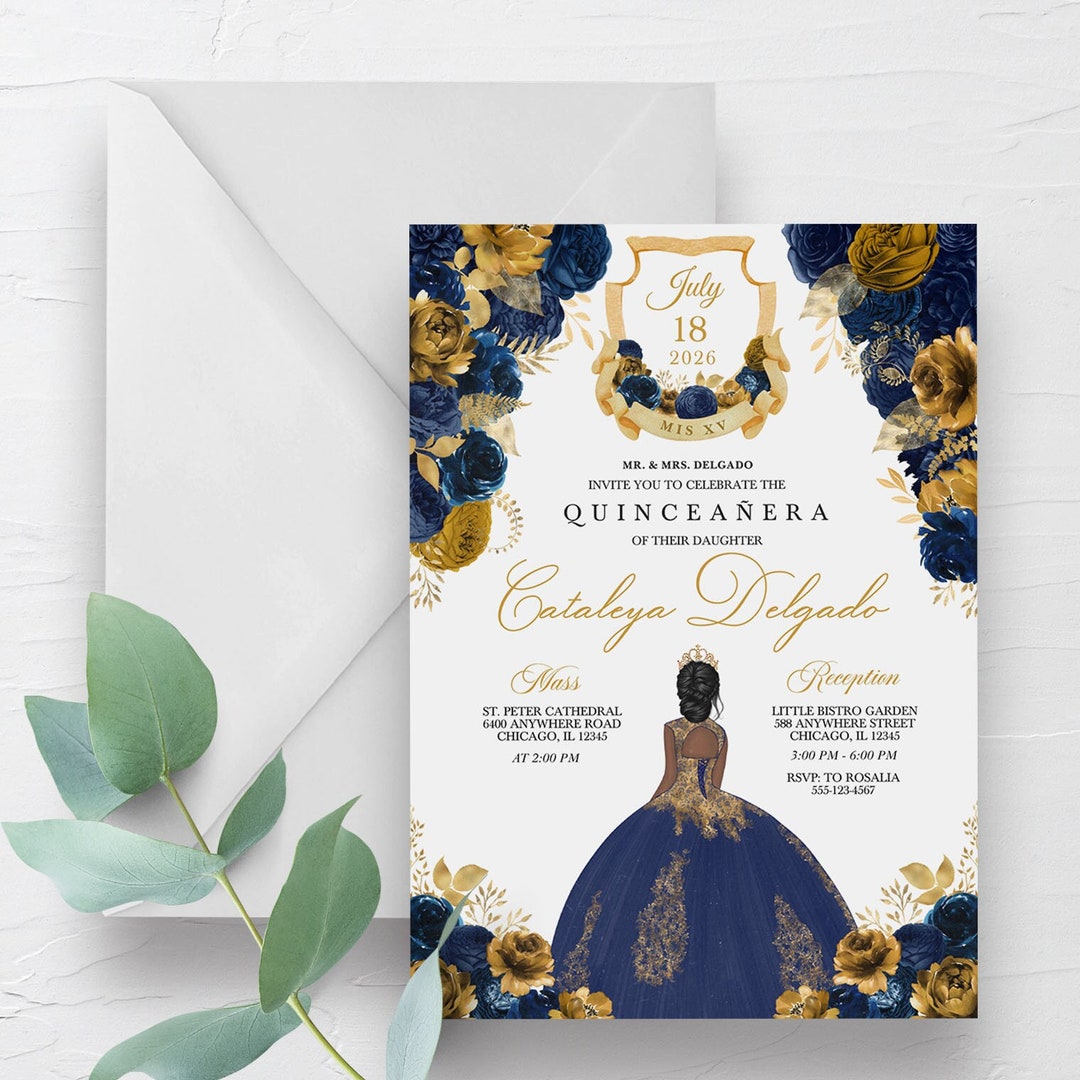 EDITABLE Invitation, Navy Blue &amp; Gold Floral Quinceanera Invitation ...