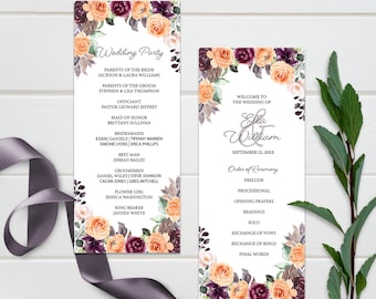 EDITABLE Template, Peach and Purple Fall Floral Wedding Program, Printable Wedding Program, Template, Watercolor Florals, Printable,  Corjl