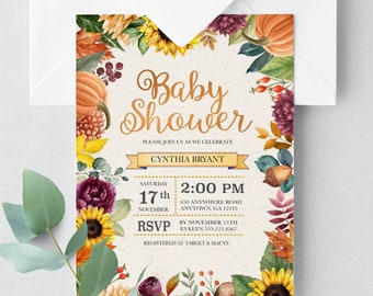 Invito per baby shower autunnale con girasoli: invito autunnale modificabile (Corjl)