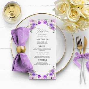 EDITABLE Template, Purple Spring Floral Wedding Menu, Wedding Menu, Printable Wedding Menu Template, Watercolor Florals, Printable, Corjl