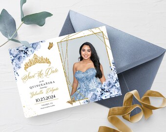 Dusty Blue Floral Quinceanera Save The Date Photo Card (Editable Corjl Template)