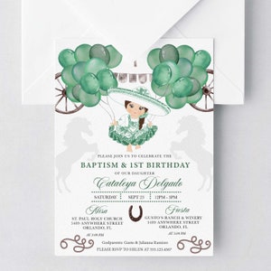 EDITABLE Invitation, Green & Silver Baby Charra Baptism Birthday Invitation, Mexican, Fiesta, Bautizo, Printable, Template, Corjl