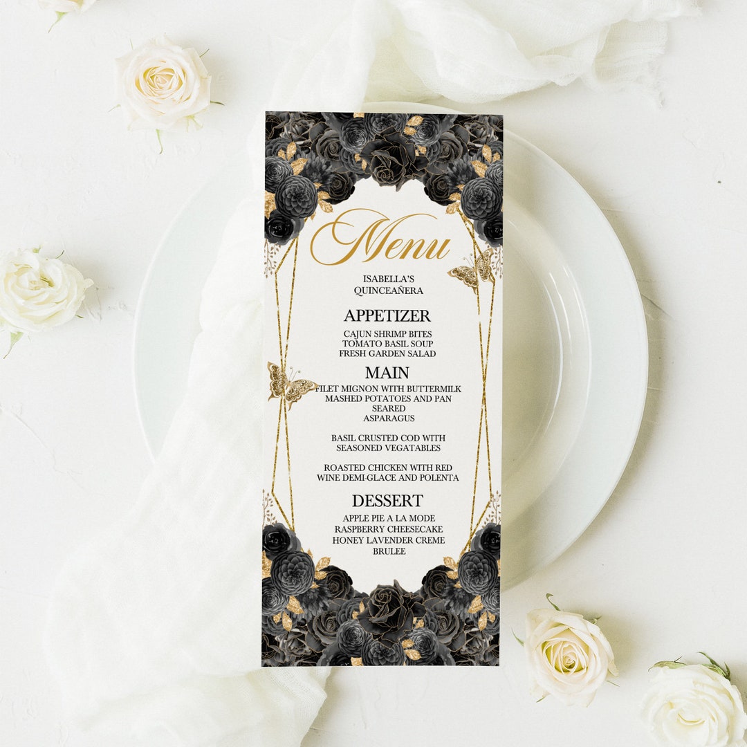 EDITABLE Menu Template, Elegant Black and Gold Floral Quinceanera Menu ...