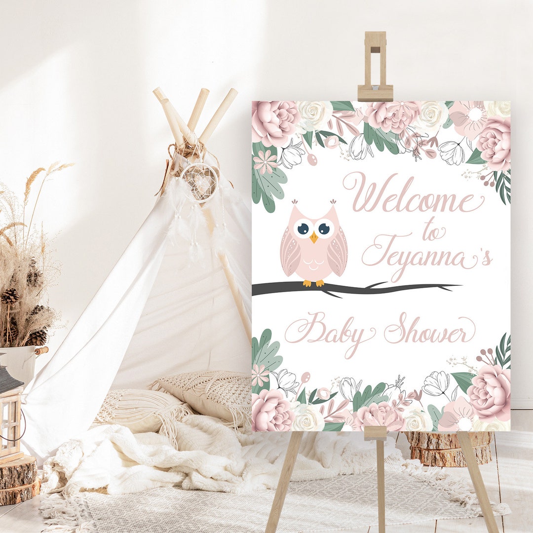 EDITABLE Template, Pink Owl Baby Shower Welcome Sign, Template, Baby ...