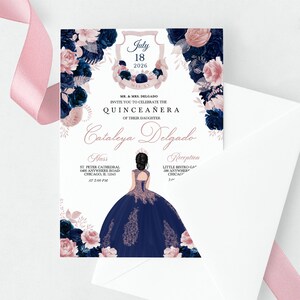 EDITABLE Invitation, Navy Blue & Blush Pink Floral Quinceanera Invitation, Birthday Invite, Mis Quince, Printable, Template, Corjl