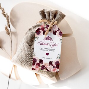 Burgundy Floral Quinceanera Favor Tag: Elegant Thank You Label (Editable Template)