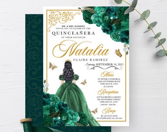 EDITABLE Invitation, Emerald Green Floral Quinceanera Invitation, Birthday Invite, Mis Quince, Printable, Template, Corjl