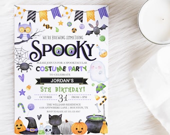 May include: A purple, black, and orange Halloween party invitation with the text "Spooky Costume Party" to celebrate Jordan's 5th birthday. The invitation features a cartoon ghost, spider, owl, and other Halloween imagery.