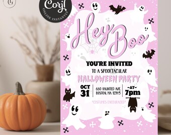 May include: Pink Halloween party invitation with a ghost theme. The invitation says "Hey Boo" and includes the text "You're invited to a spooktacular Halloween party" with the date, time, and address.